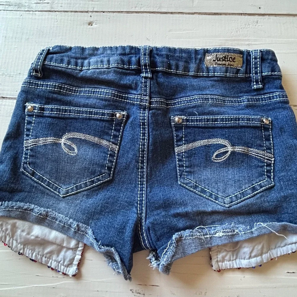 Justice Girls Denim Shorts Bundle Size 12 Lot of 4 White Blue Sequin Pocket Hem